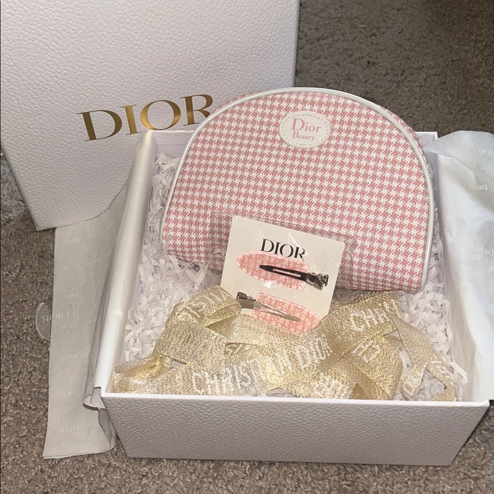 Dior Pink Houndstooth Cosmetic Bag with Hair Clips